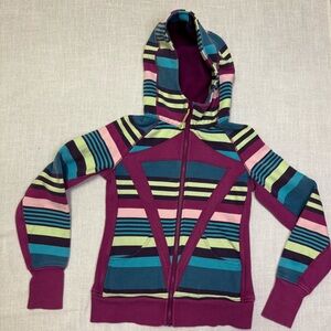 Ivivva Girls 14 Lululemon Scuba Style Hooded Zip Up Sweater Striped Purple Pink
